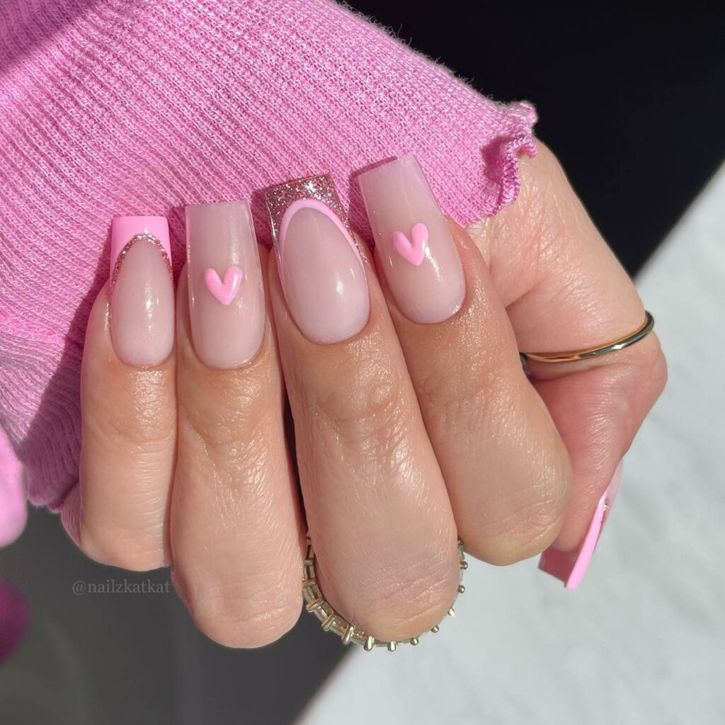 Heart Pink Square French Nails