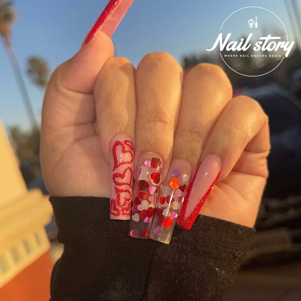 Heart-Inspired Red Acrylic Nails