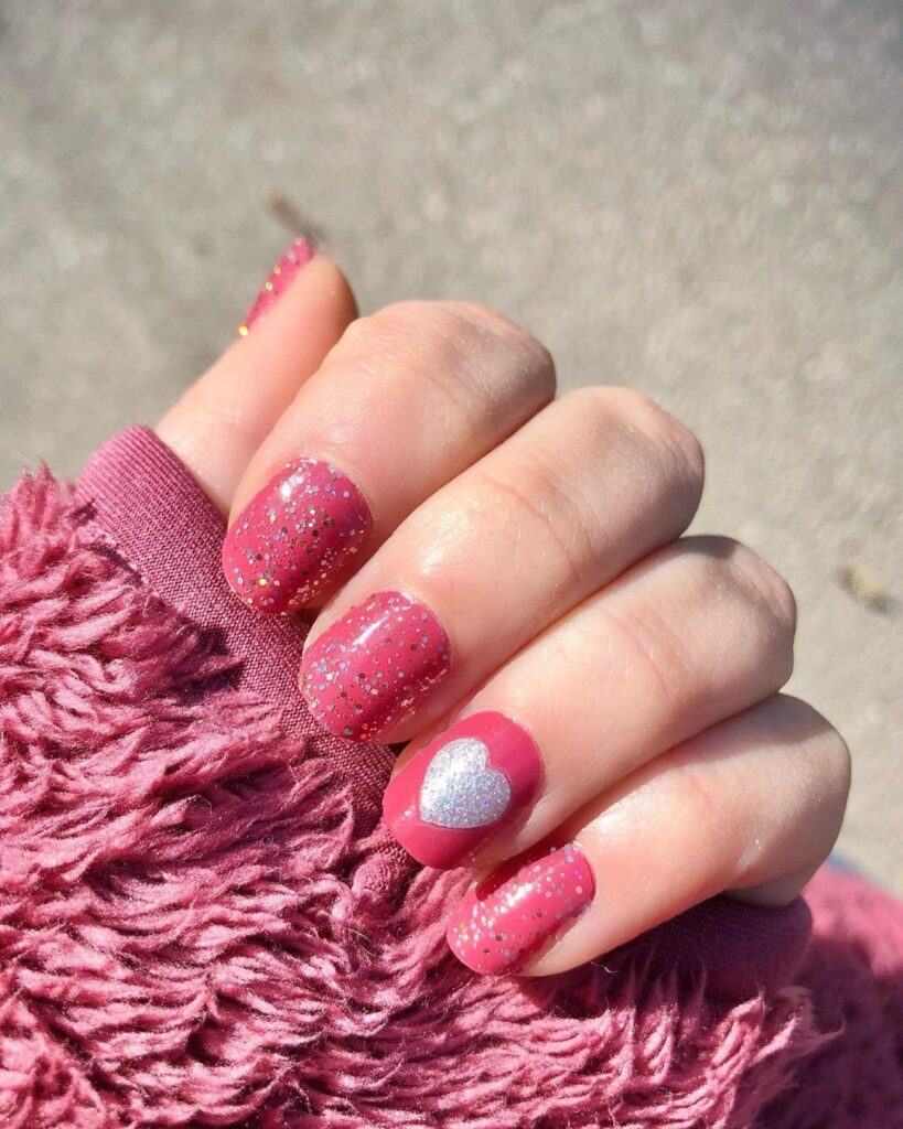 Heart White glitter on Pink nails