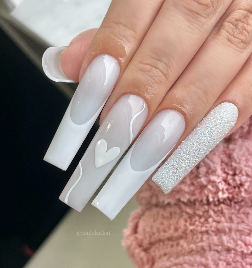 Acrylic White January Nails with Heart Motifs