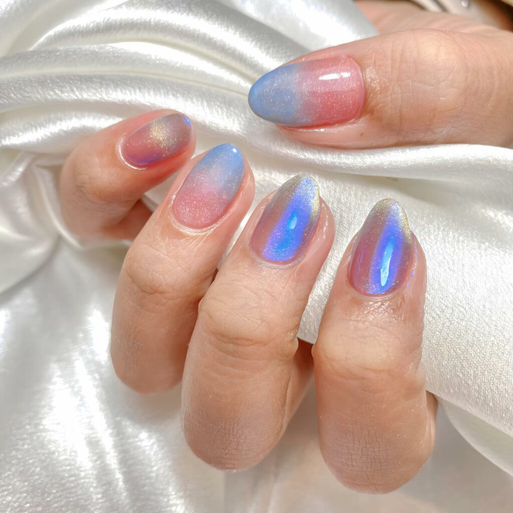 Holographic blue ombre nails