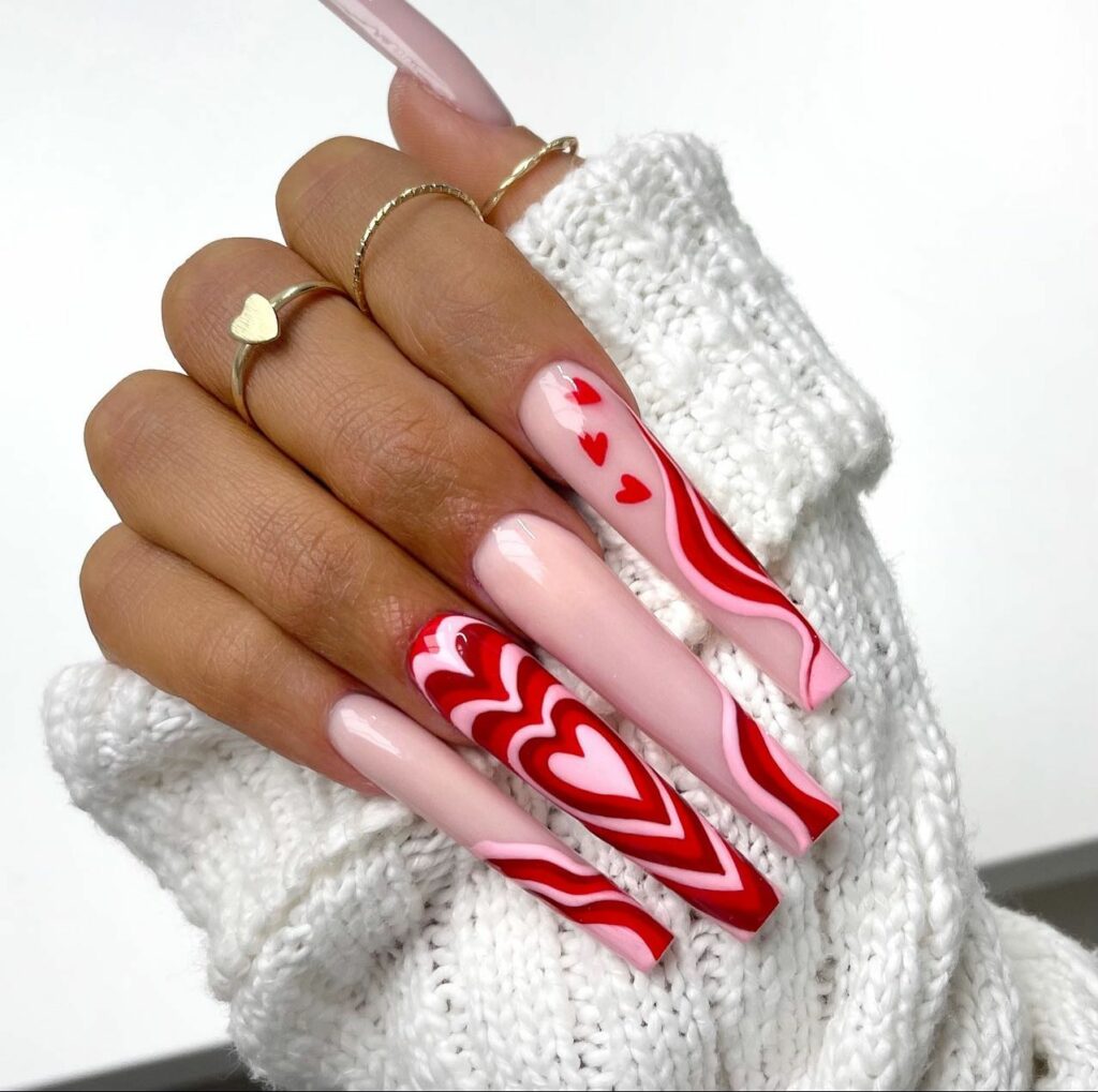 Pink Hues with Playful Heart Red Nails