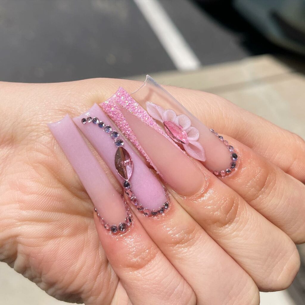 Lavender Acrylic Nails with Gem and Florals