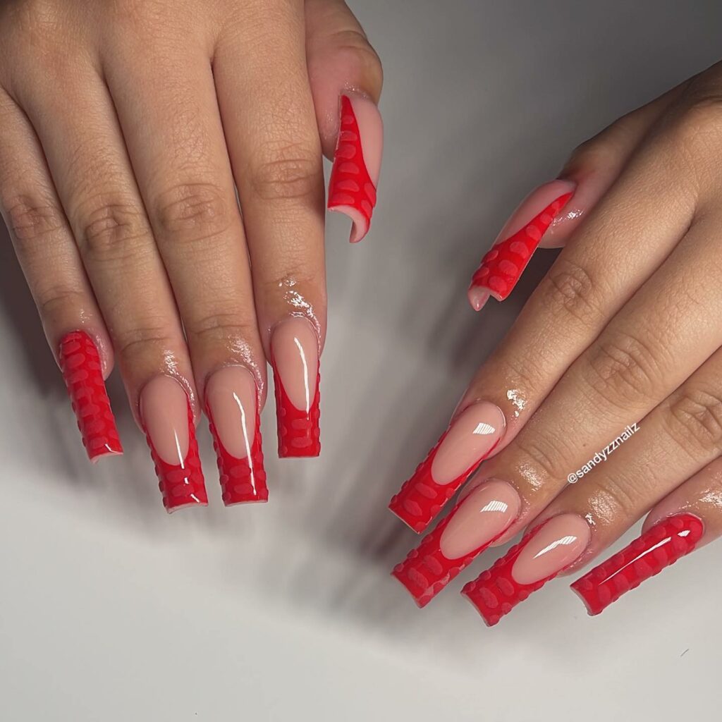 Leafy red french nails