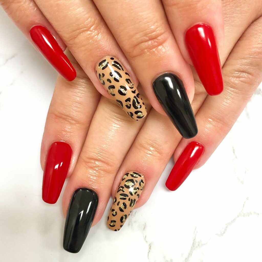 Leopard Print Black and Red nails
