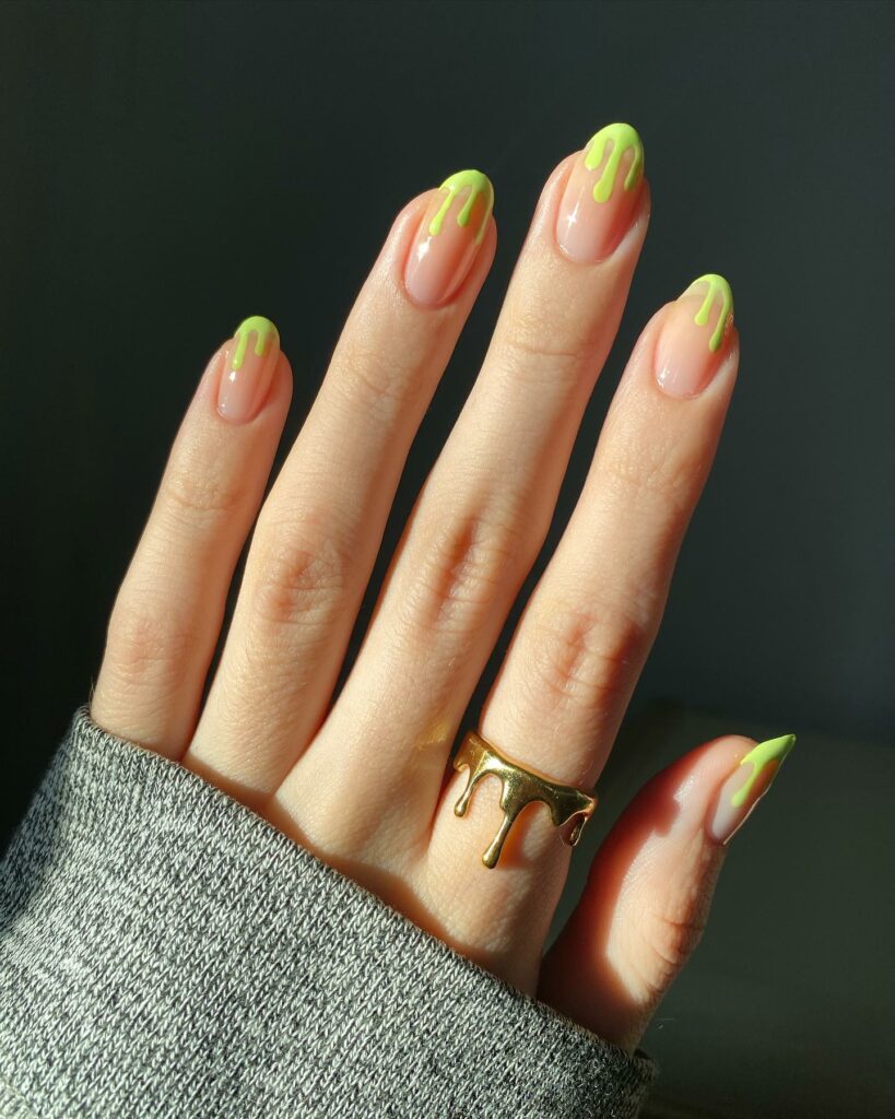 French Light Green Nails with Dripping Accents