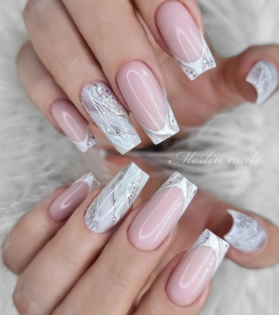 Marble white glitter nails