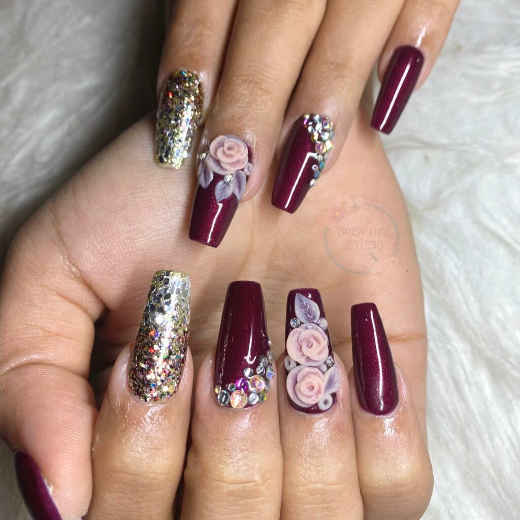 Maroon Coffin Nails Adorned with Rhinestones