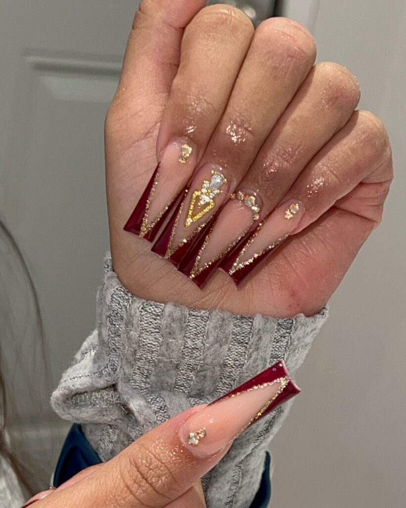 Maroon Nails with Gold Glitter Acrylic