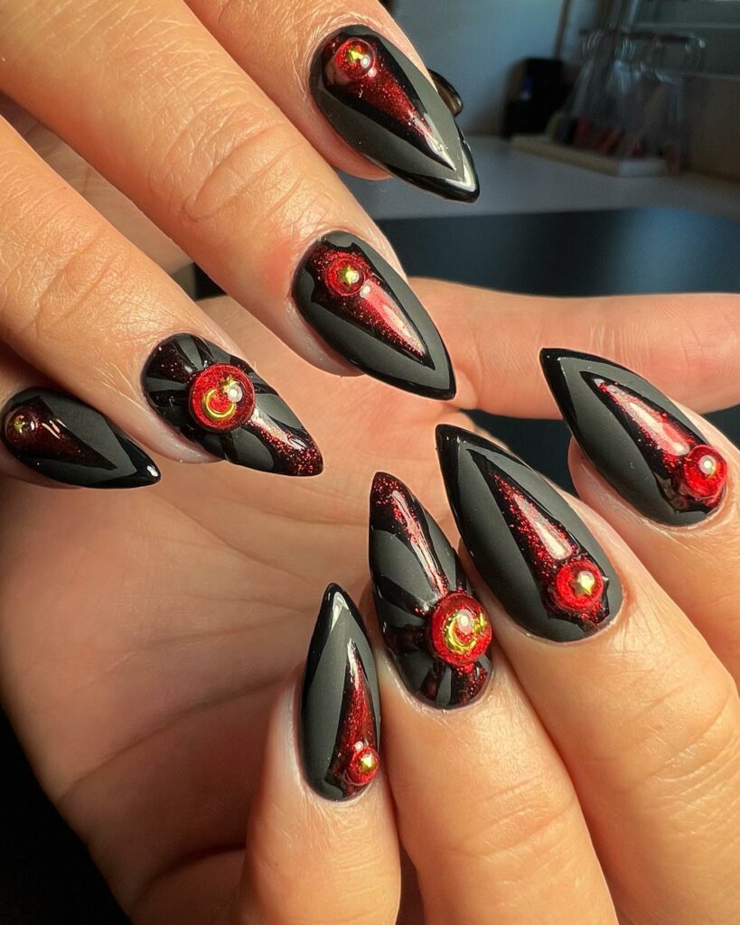 Matte Black and Red nails