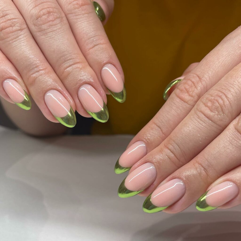 Metallic Light Green French Nails