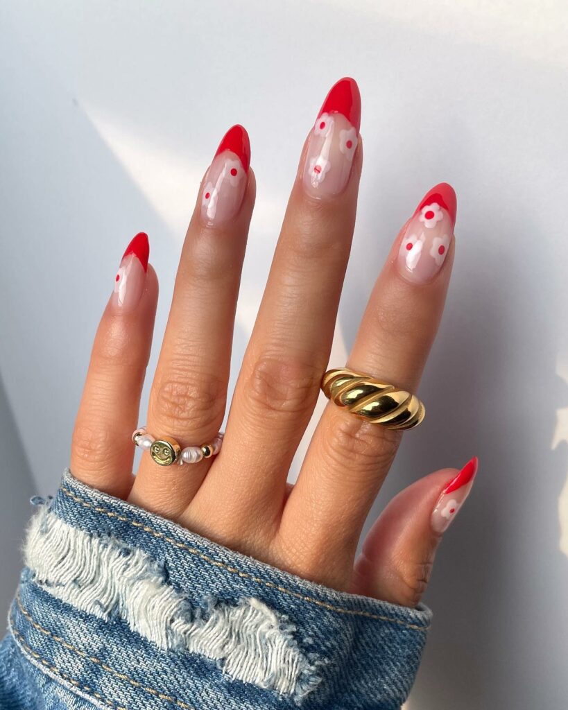 French Red Nails with Floral Embellishments