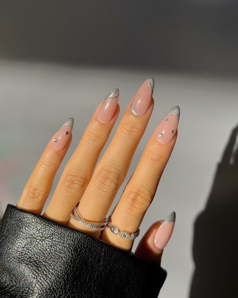 Silver French Nails with Gem Accents