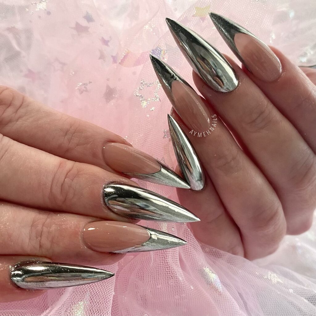 Gleaming Stiletto Silver French Nails