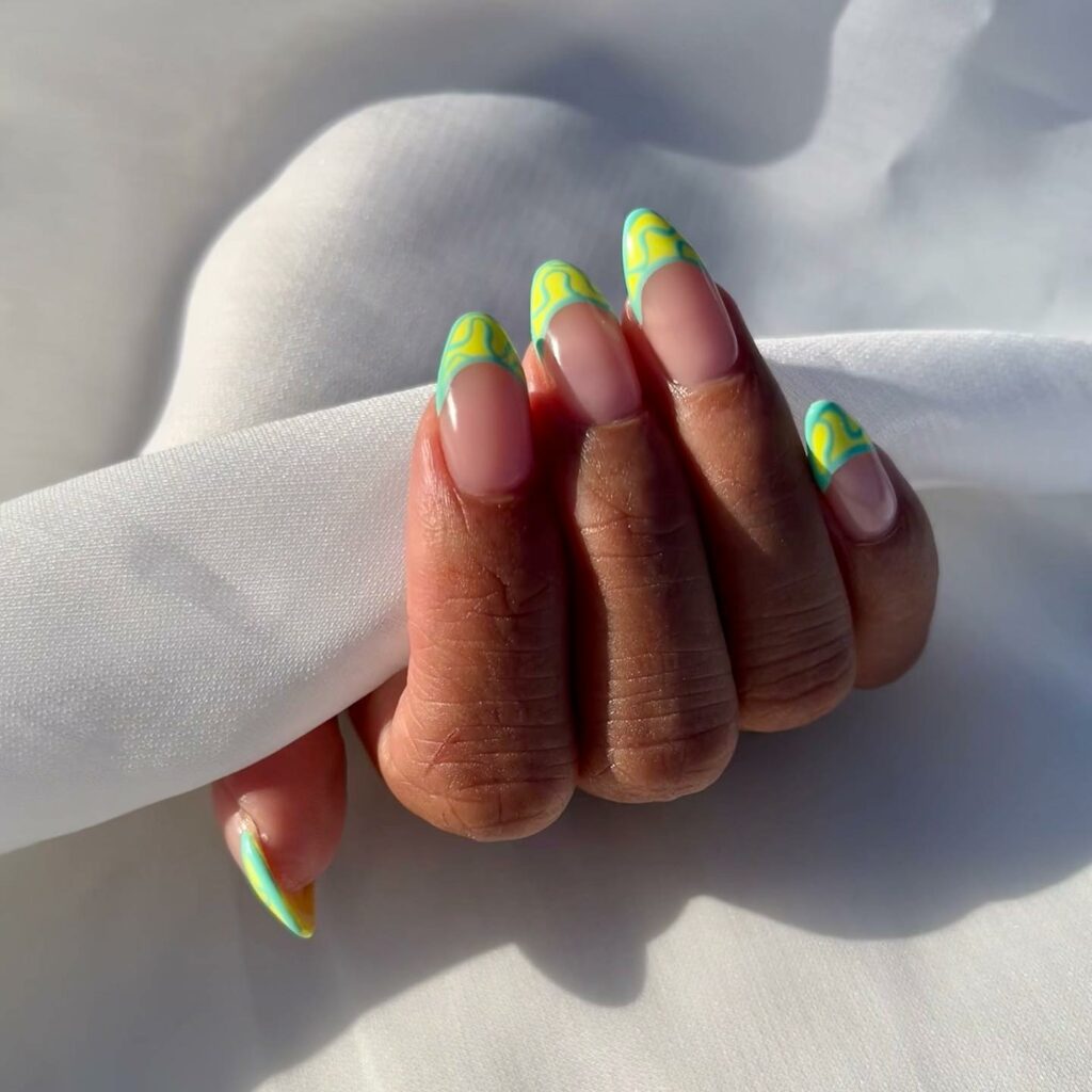 Abstract Swirl French with Light Green Nails
