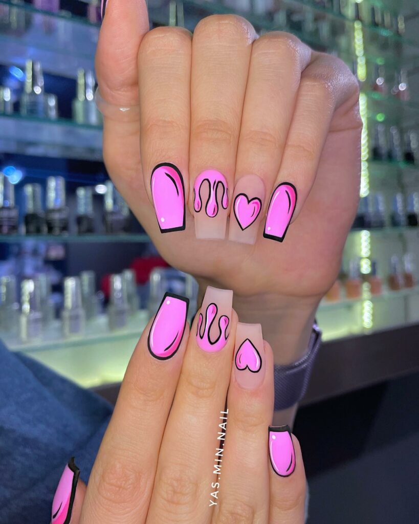 Vibrant Neon Pink Cartoon Nails
