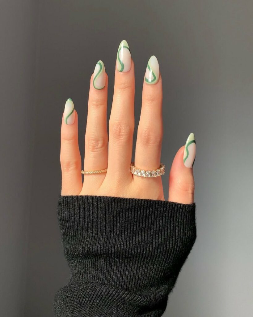 Swirled Tips on Light Green Nails