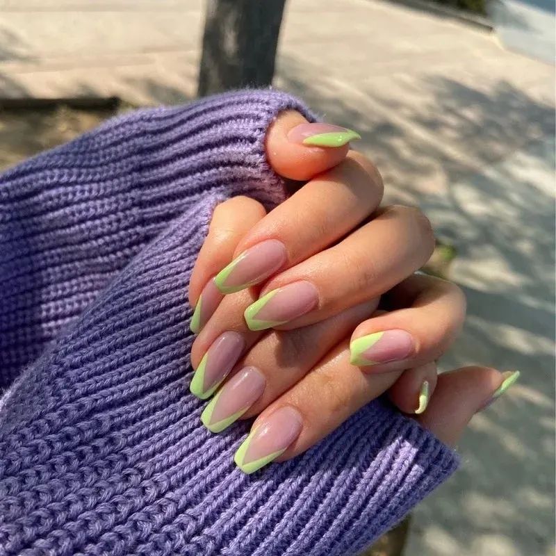 Pointed Light Green French Nails