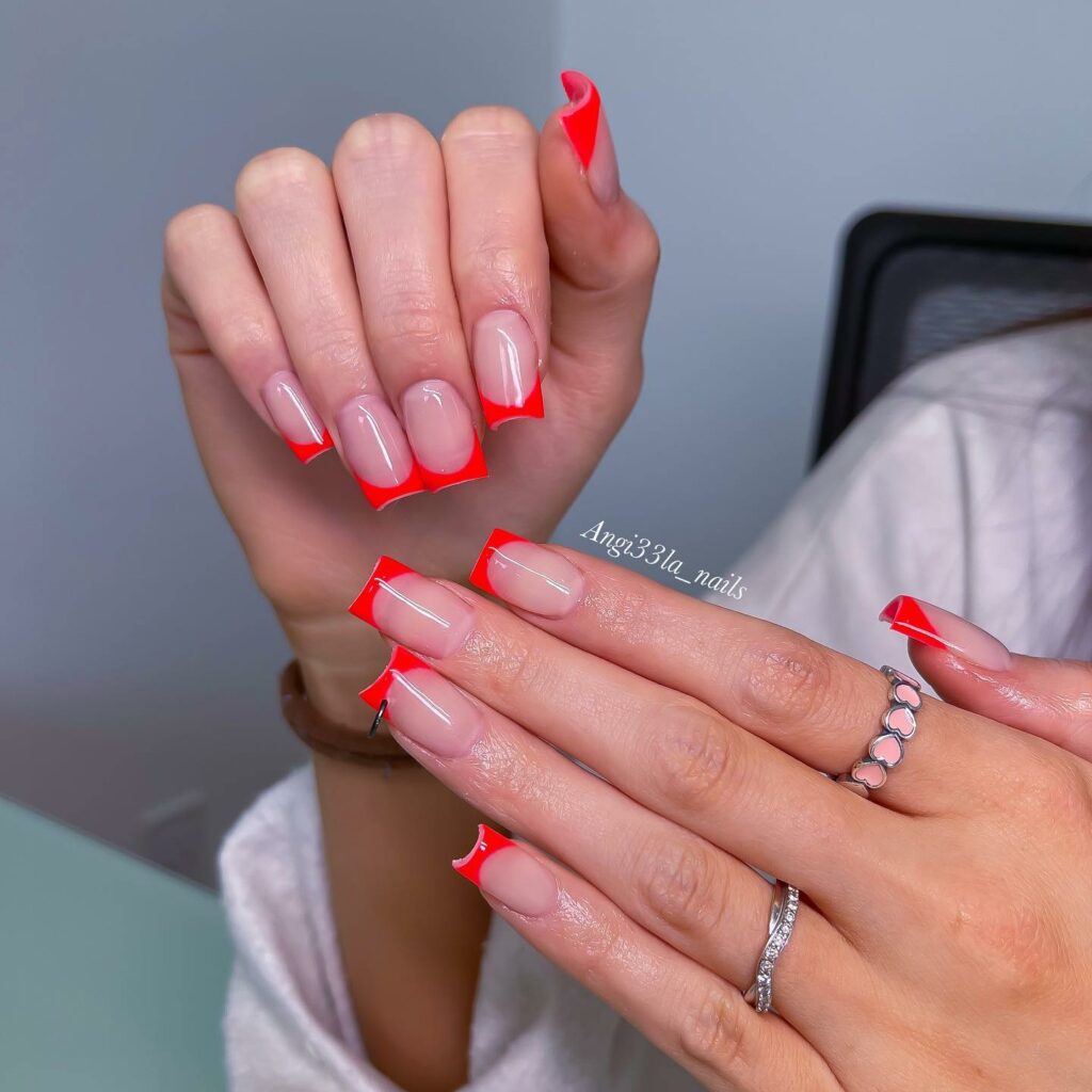 Neon red french nails