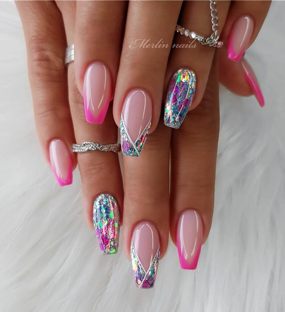 Nude Hot Pink with Glitter French Nails
