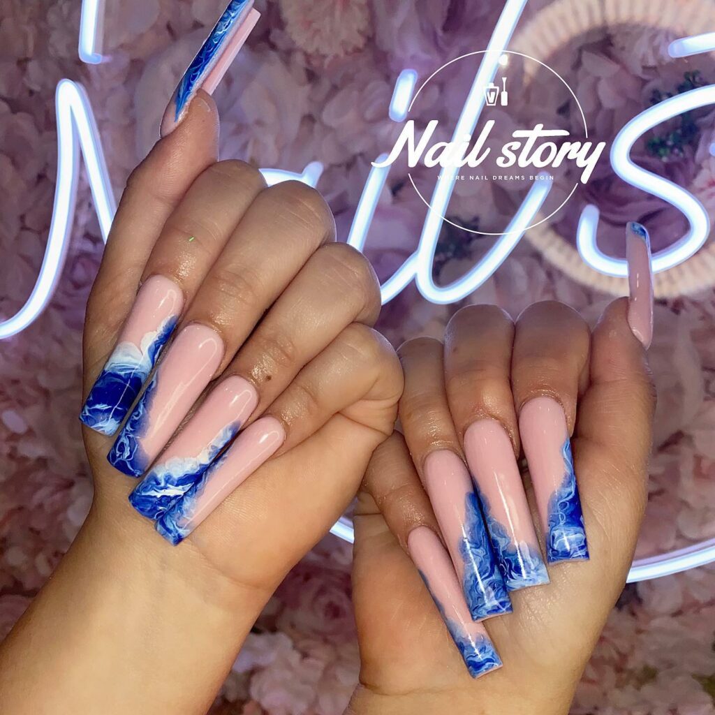 Pink Acrylic Nails with Watercolor Blue Accents