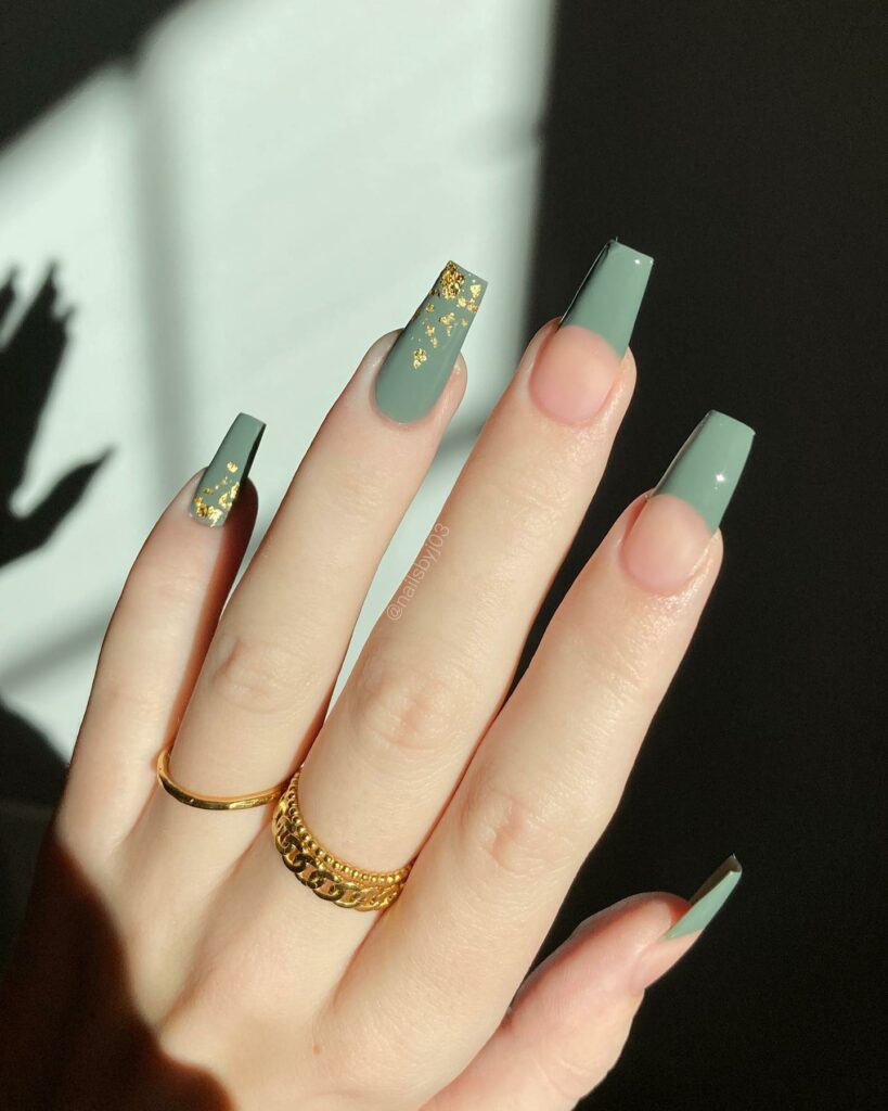 Olive Green Nails with Gold Foil Accents