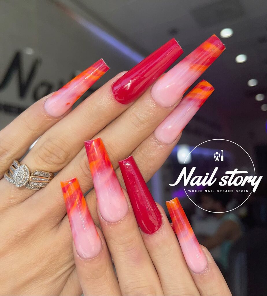 Orange and Red Acrylic Nails