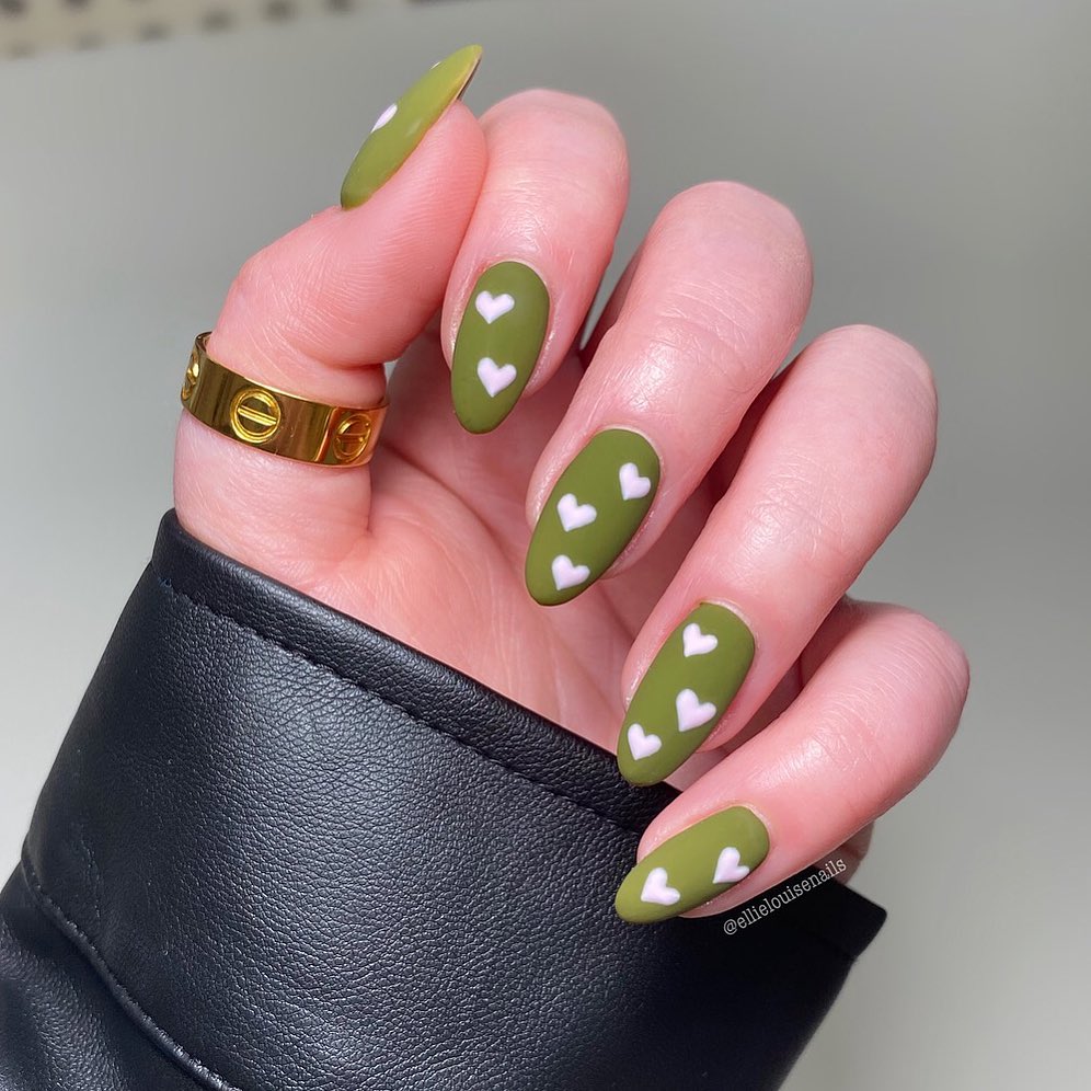 Pink Heart Designs on Olive Green Nails
