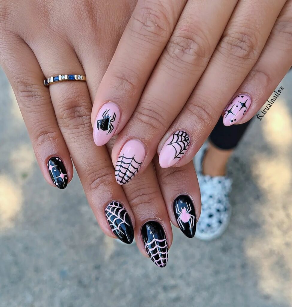 Pink spider web nails
