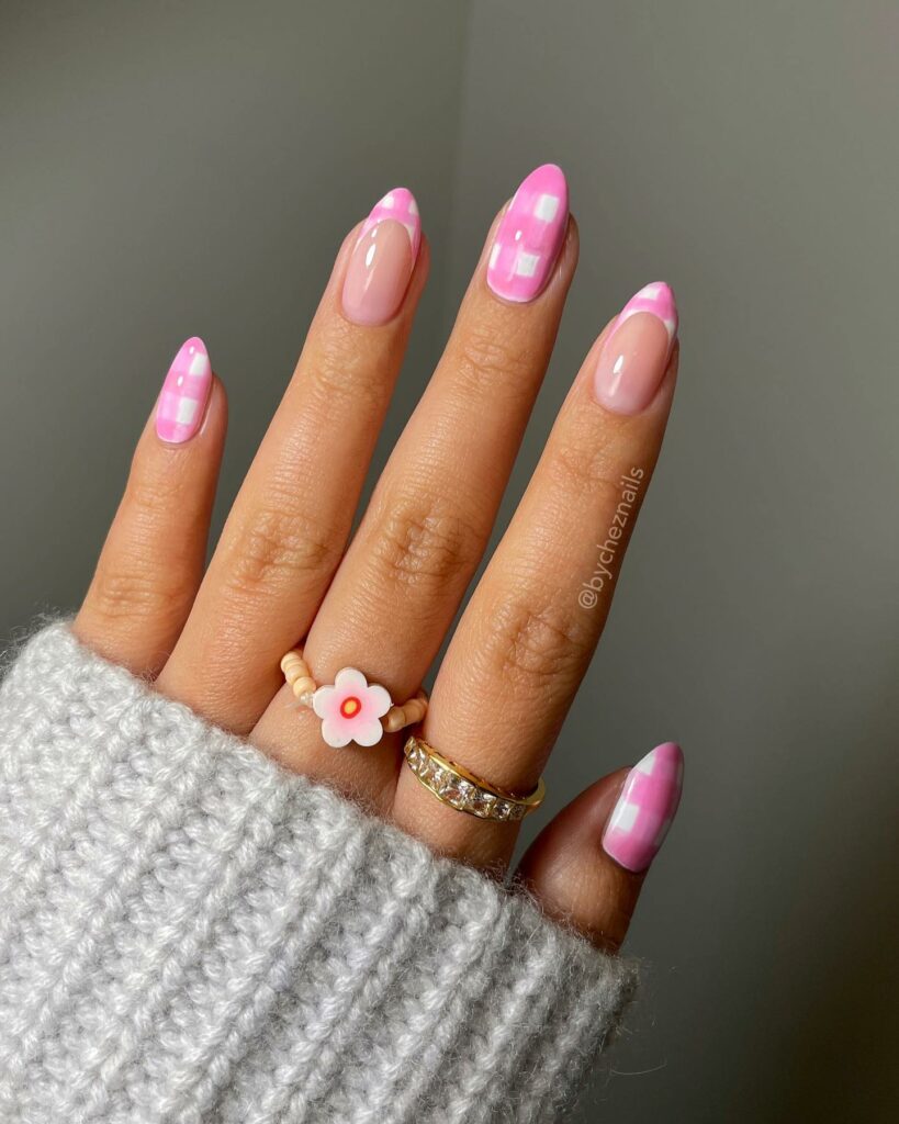 Plaid Patterns on Pink Nude Nails