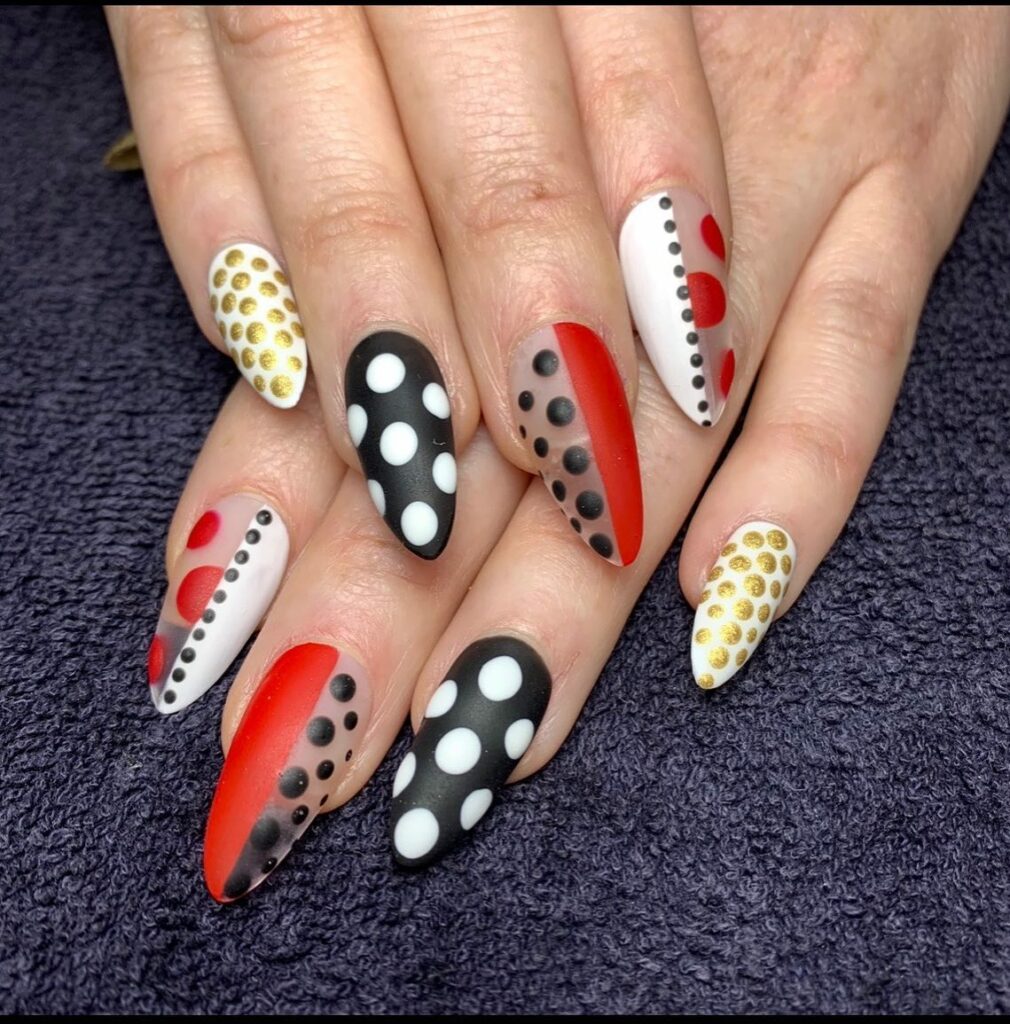 Polka Dot Black and Red nails
