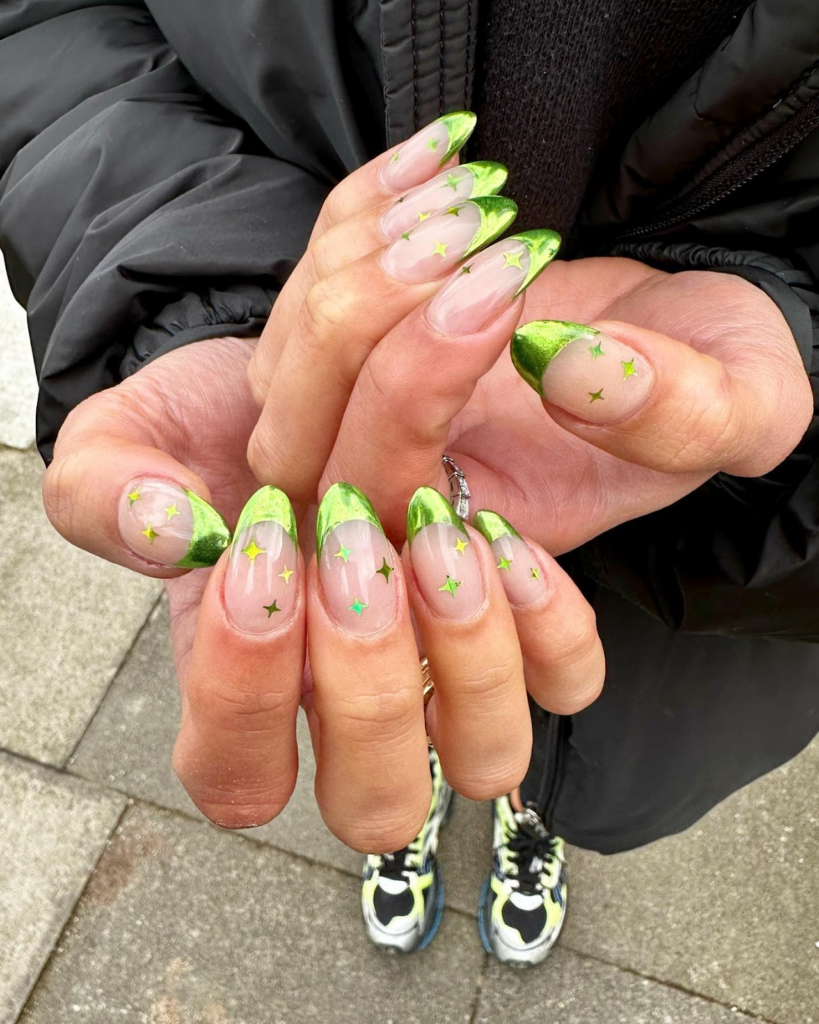 Starry Light Green French Nails