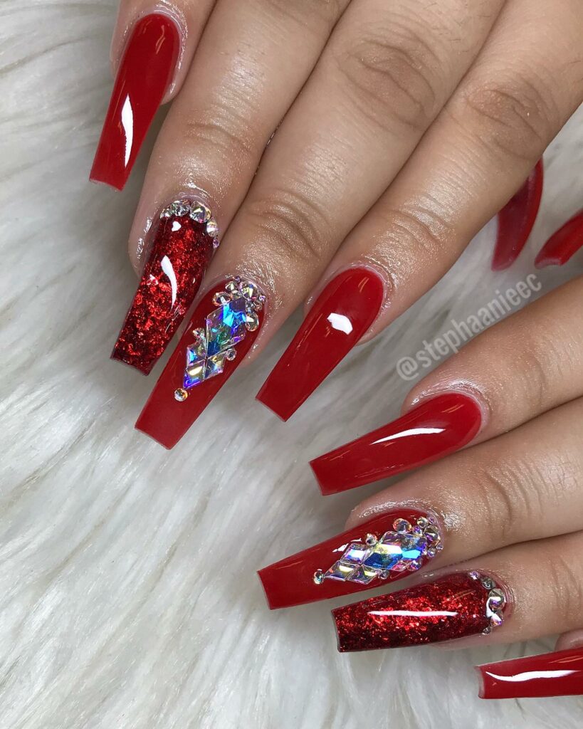 Red Acrylic Nails with Gems