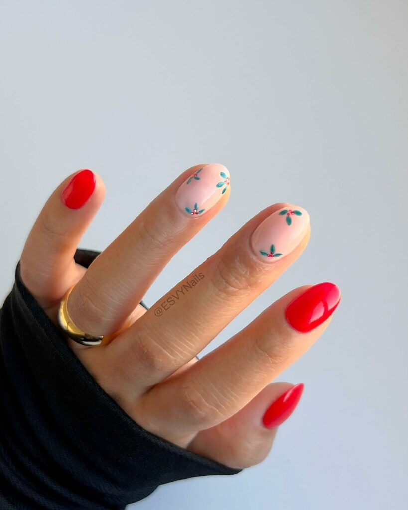 Red and Floral Round Nails