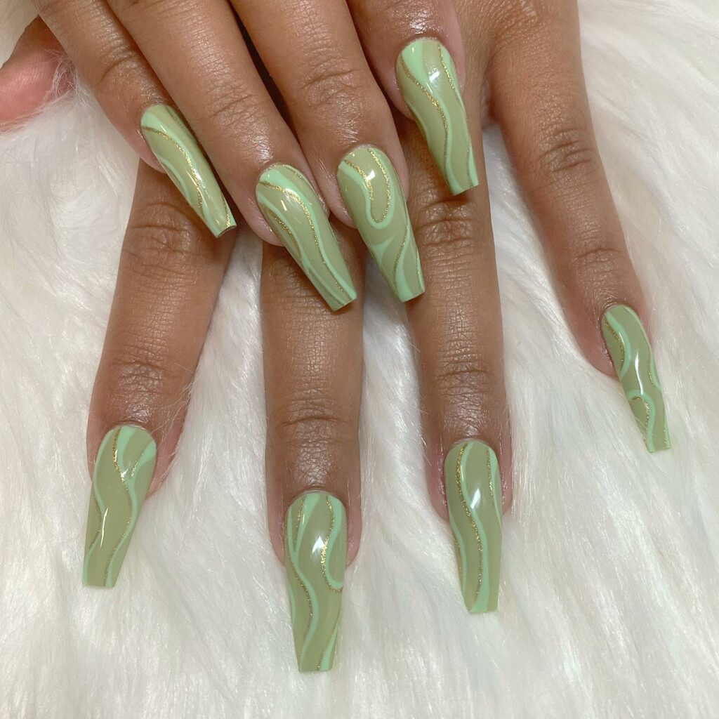 Sage Green Swirly Acrylic Nails