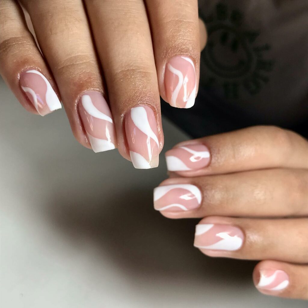 Short French Tip Nails with Swirls