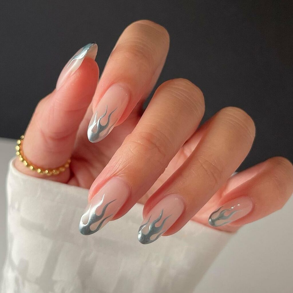 Silver French Nails with Flame Accents