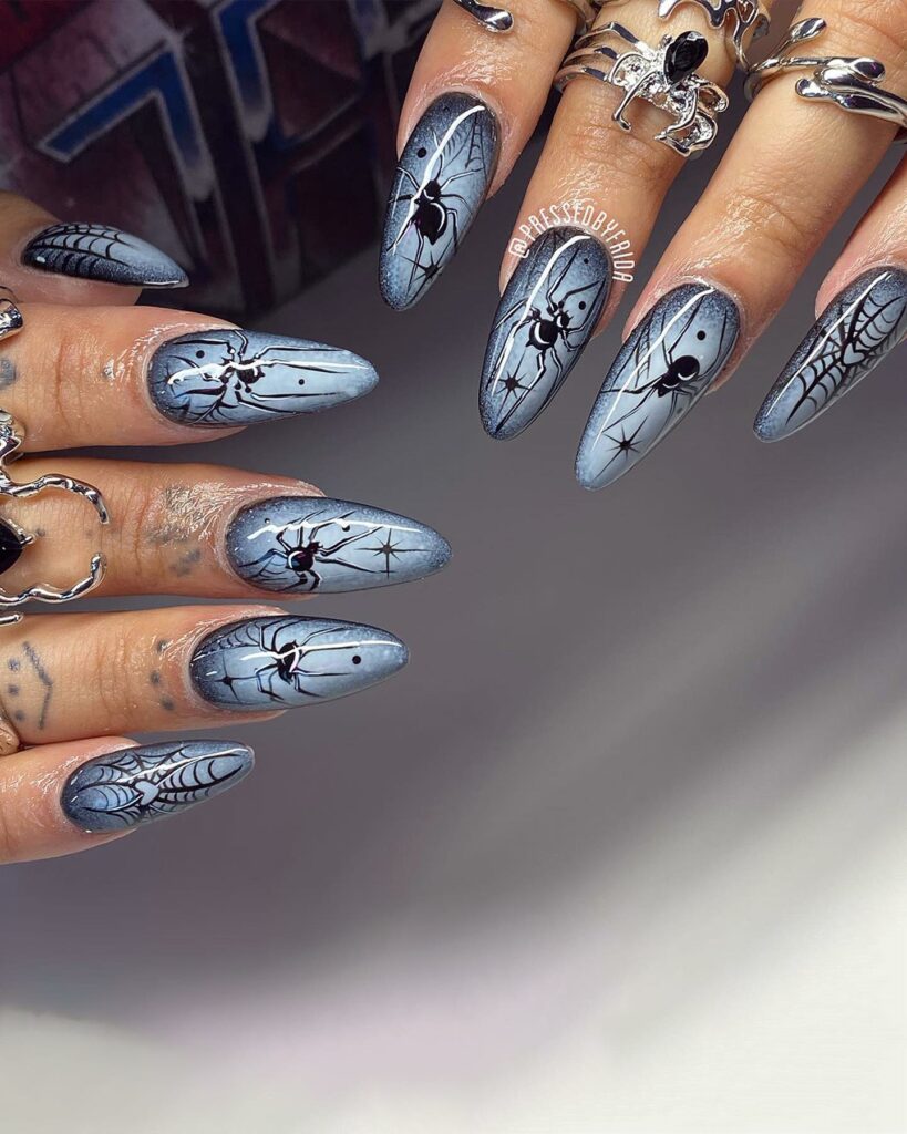 Silver and White spider web nails