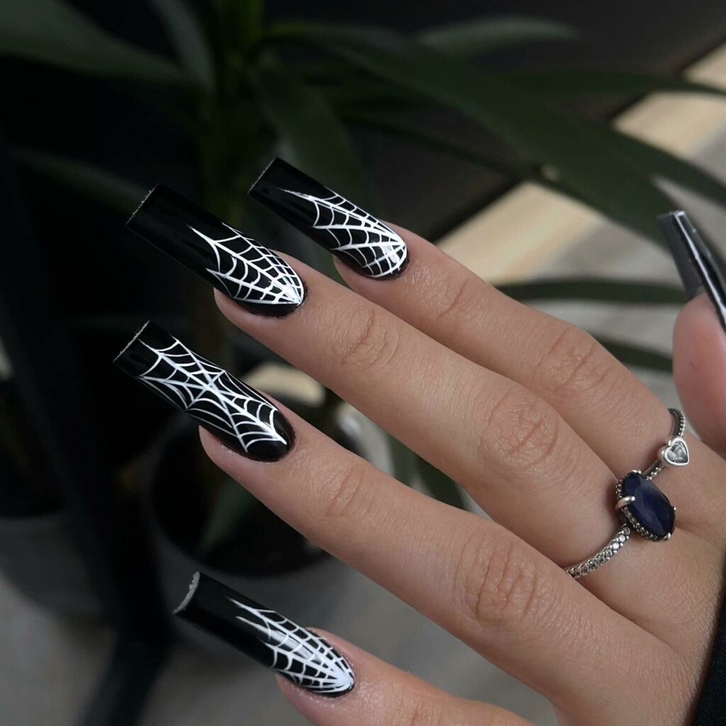 Spiderweb Black Acrylic Nails
