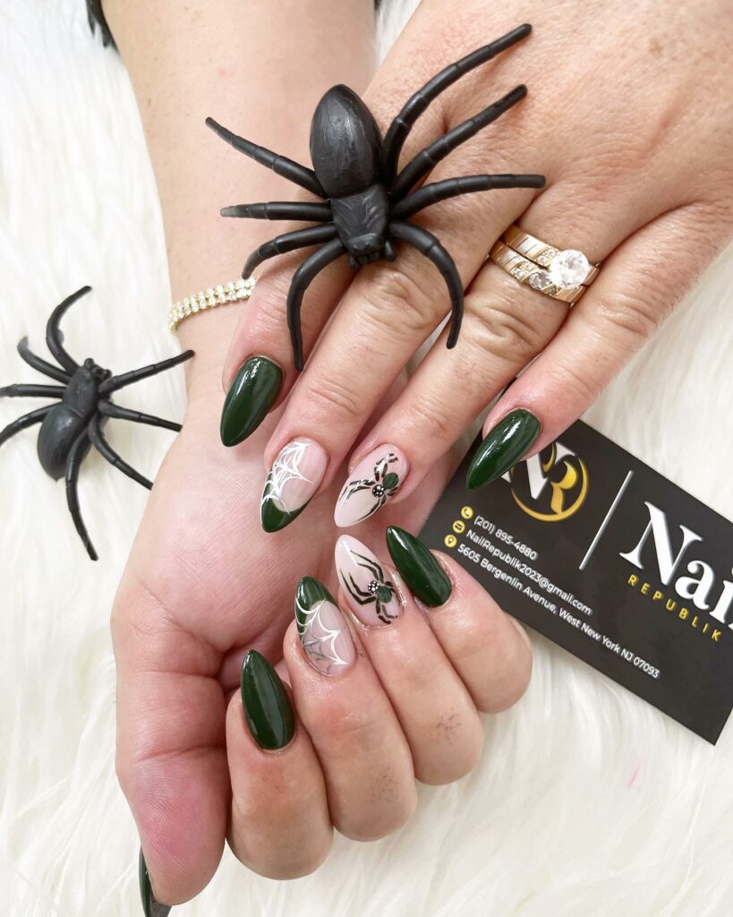 Spiderweb Patterns on Olive Green Nails