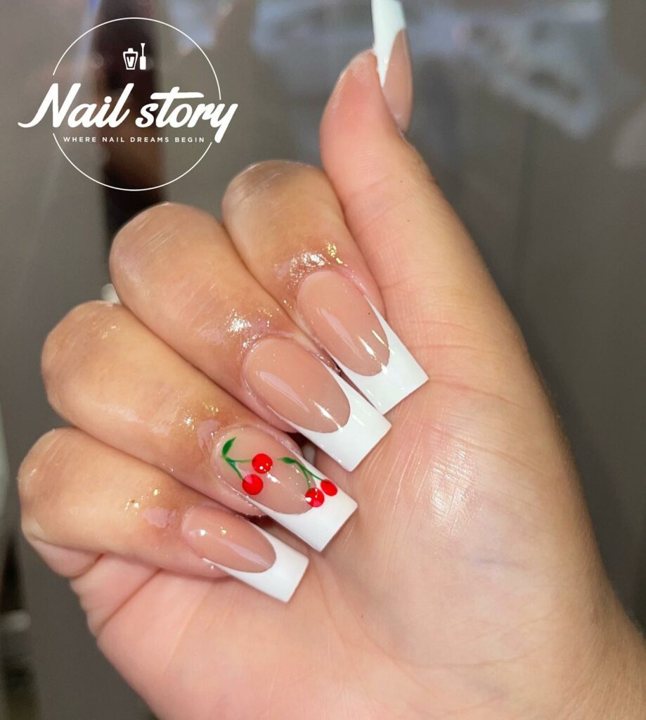 Square French Nails With Cherry