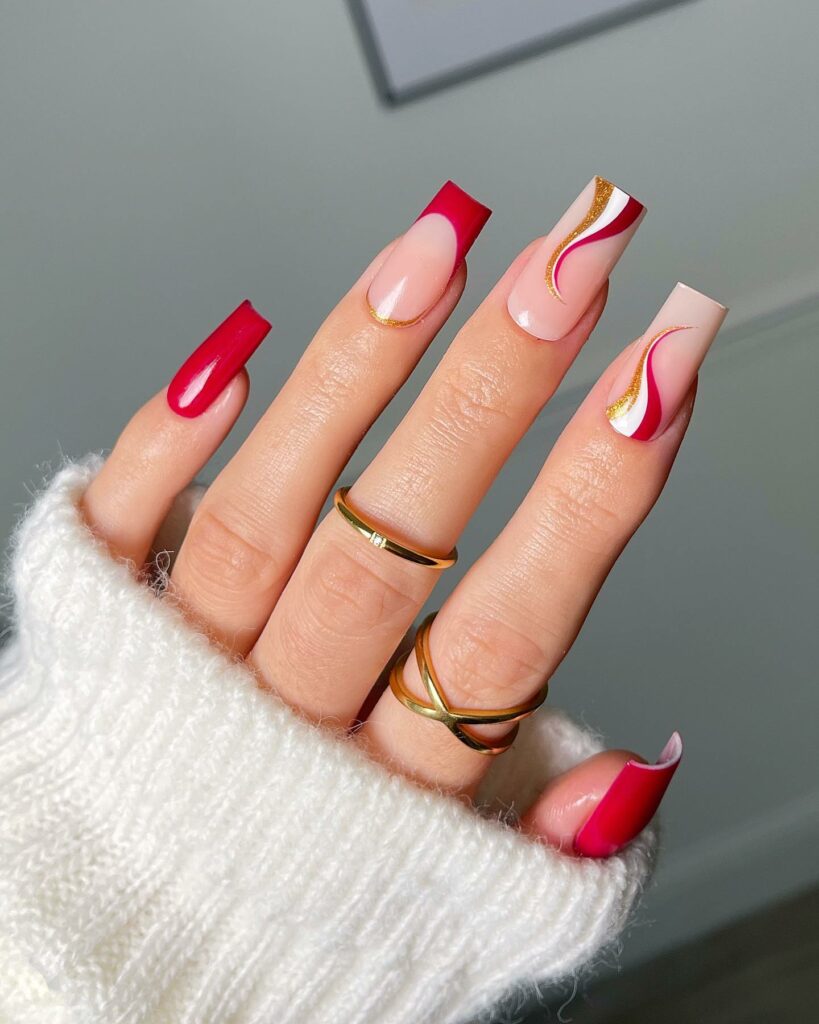 Squared Red and Gold Christmas Nails