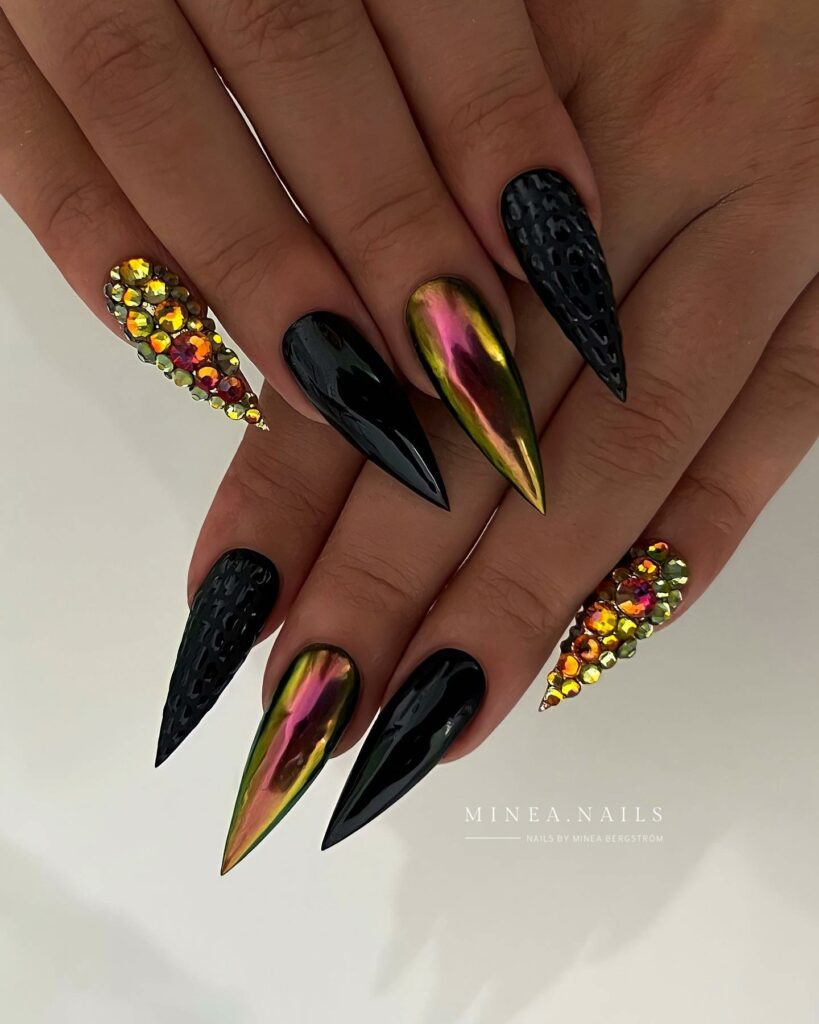 Stiletto Black Nails with Gems Vacation Nails