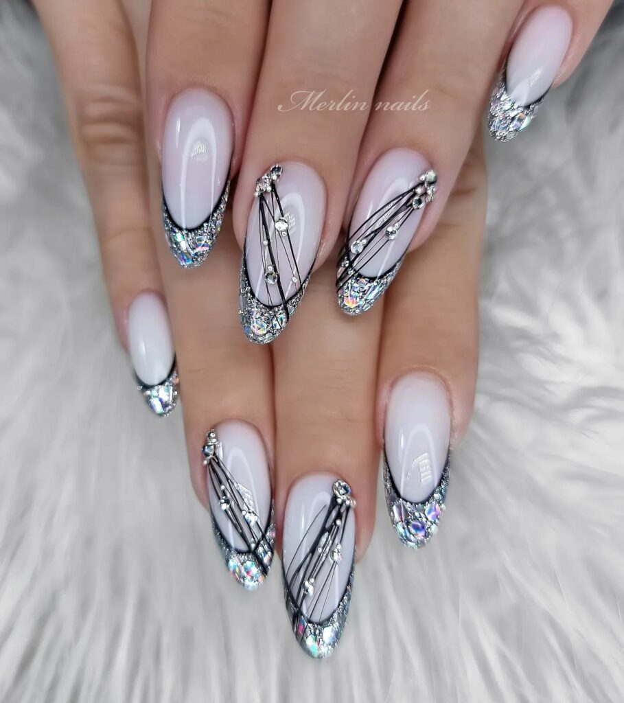 Silver French Nails Adorned with Gems