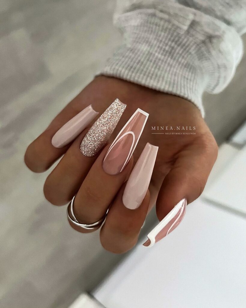 Neutral Shades with White Glitter Nails