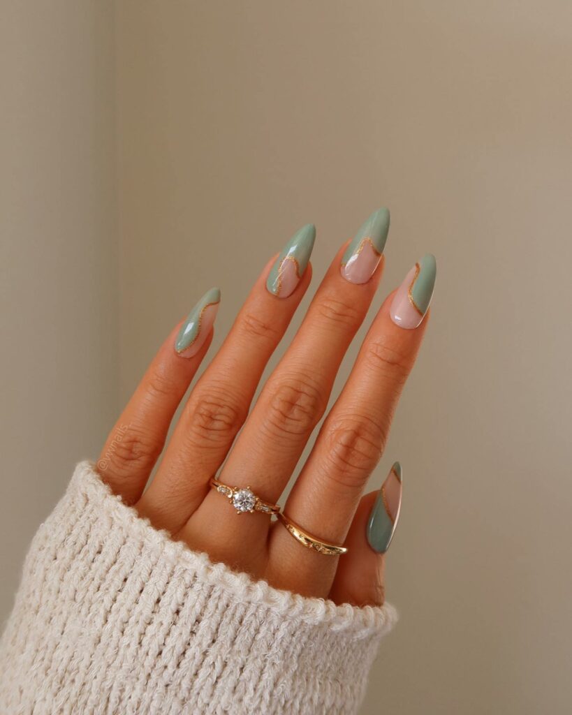 French Sage Green Nails with Swirl Accents