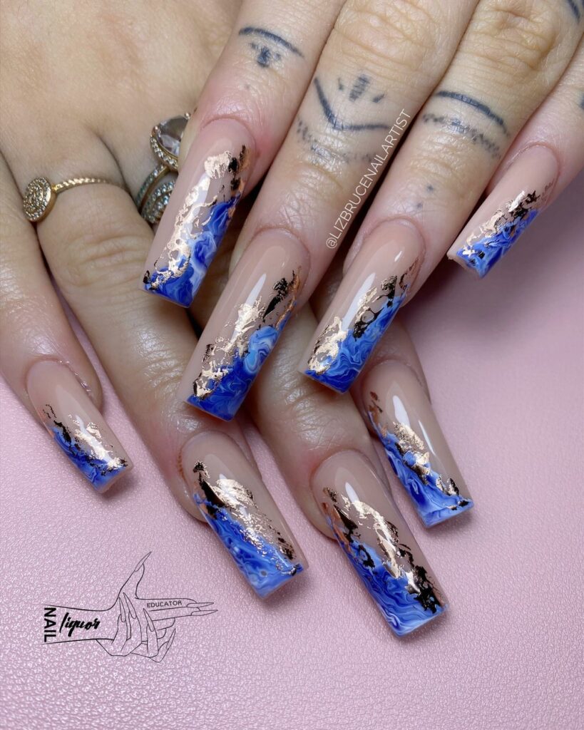 Terracotta and Blue rose gold nails