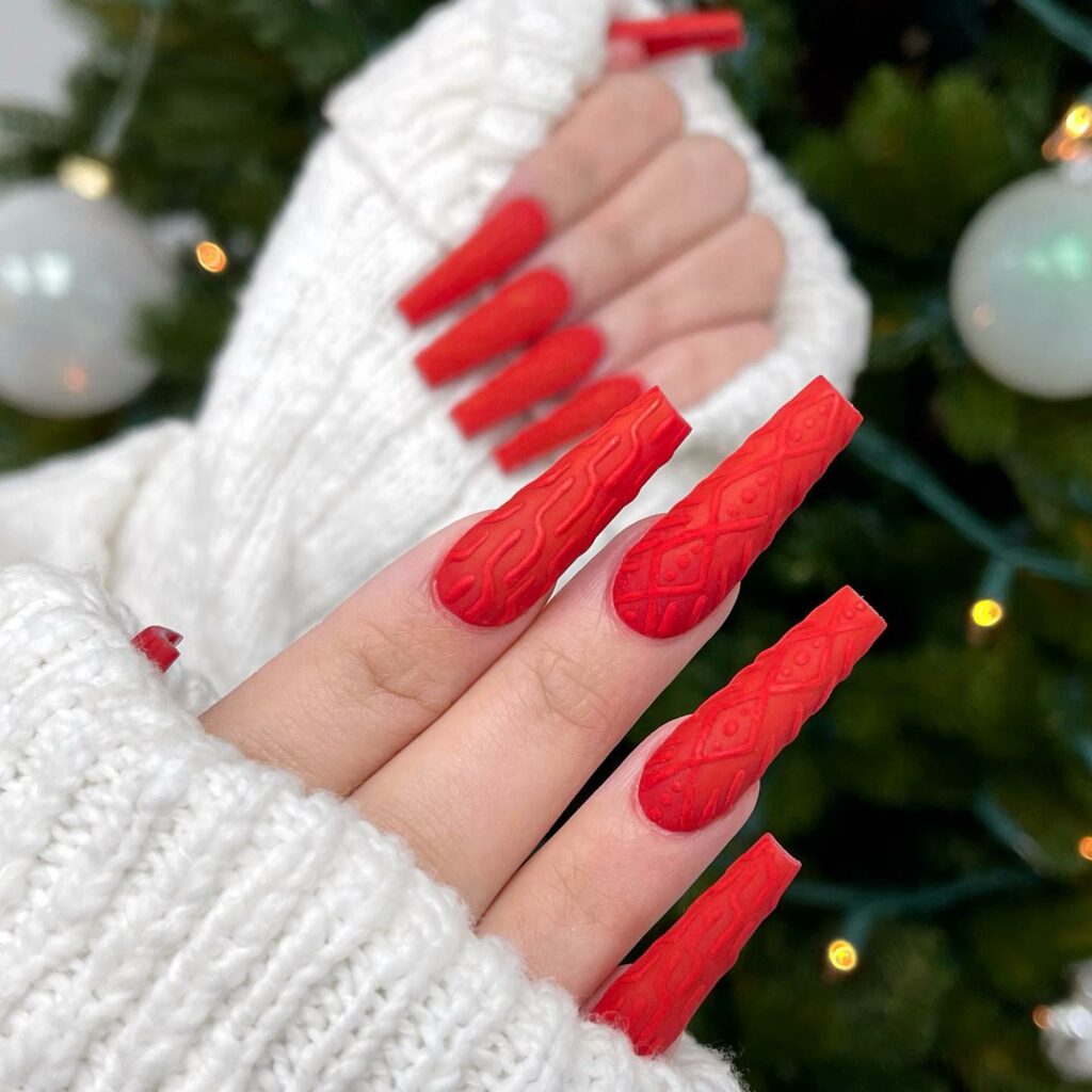Textured Red Acrylic Christmas Coffin Nails
