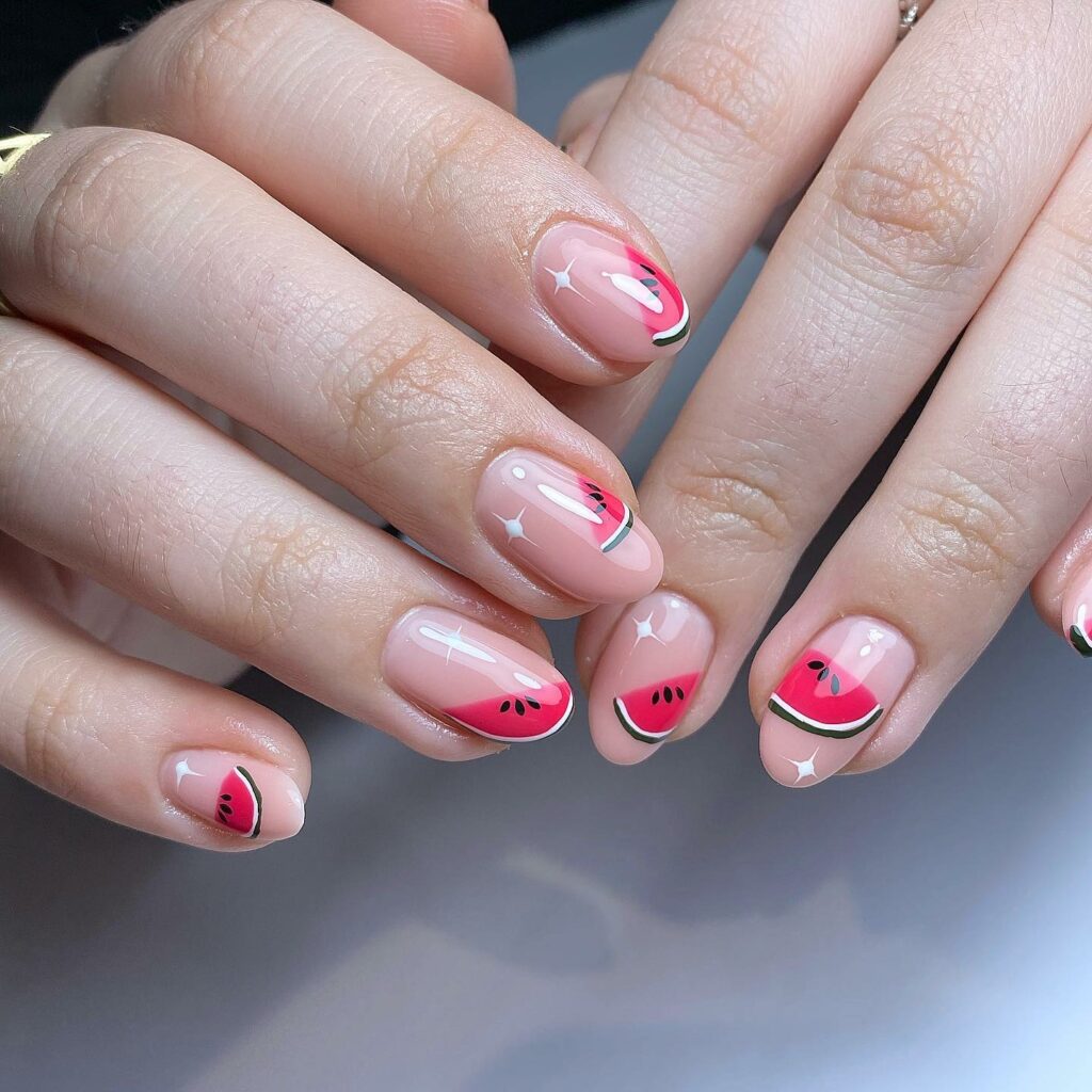 Tiny Watermelon Nude Nails Elegance
