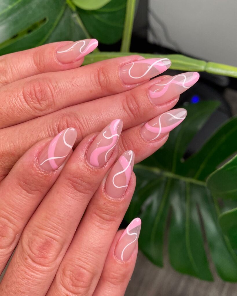 White Stripes on Clear Light Pink Nails